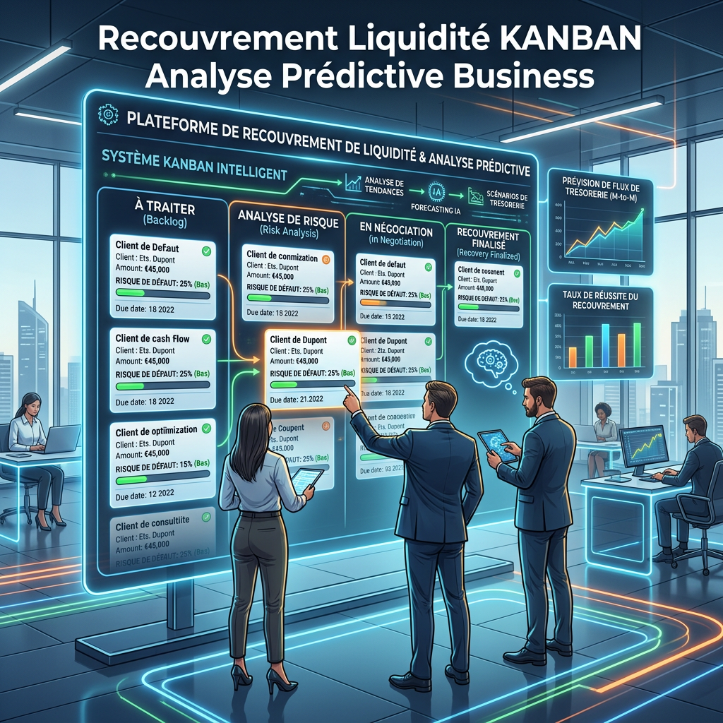 Digital Kanban board displaying liquidity recovery stages and predictive analysis with business professionals interacting