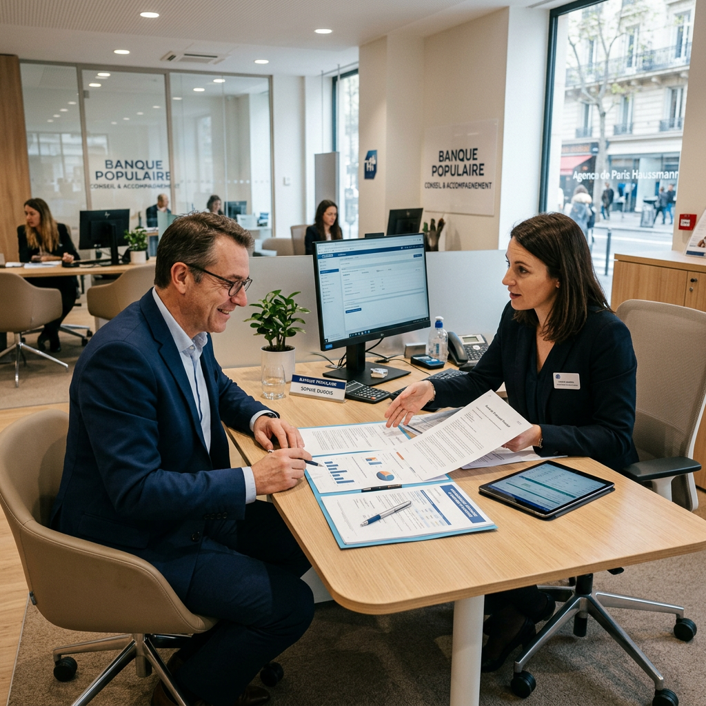 Bank advisor consulting client over financial documents at Banque Populaire office