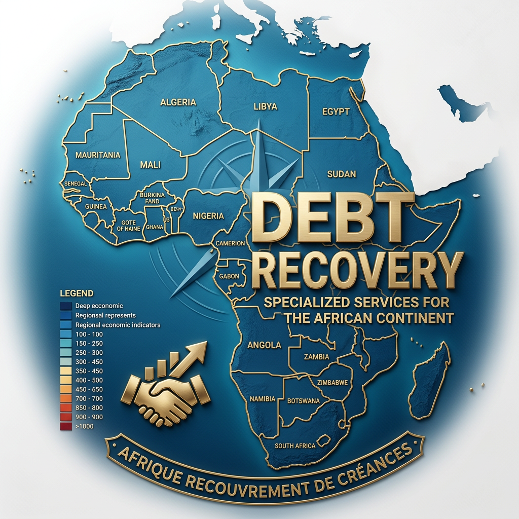 Map of Africa highlighting debt recovery services with country names and economic indicators legend.